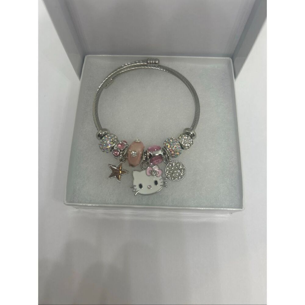 💗 Hello Kitty Pink Charm Bracelet – Silver Tone – Sparkly Beads & Charms – Gift